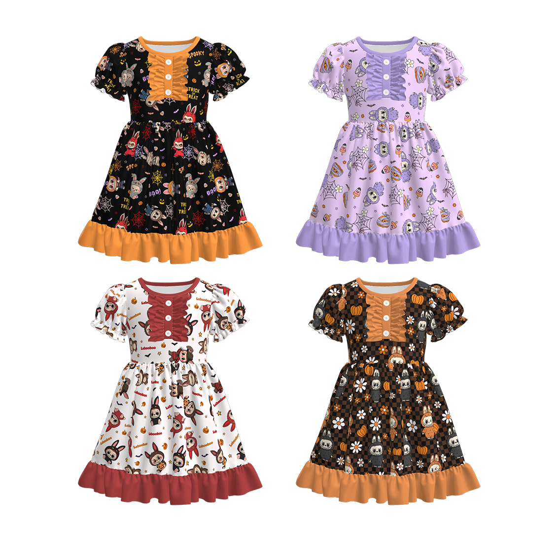 （Pre Order）Girls Halloween Cartoon Print Ruffle Dress