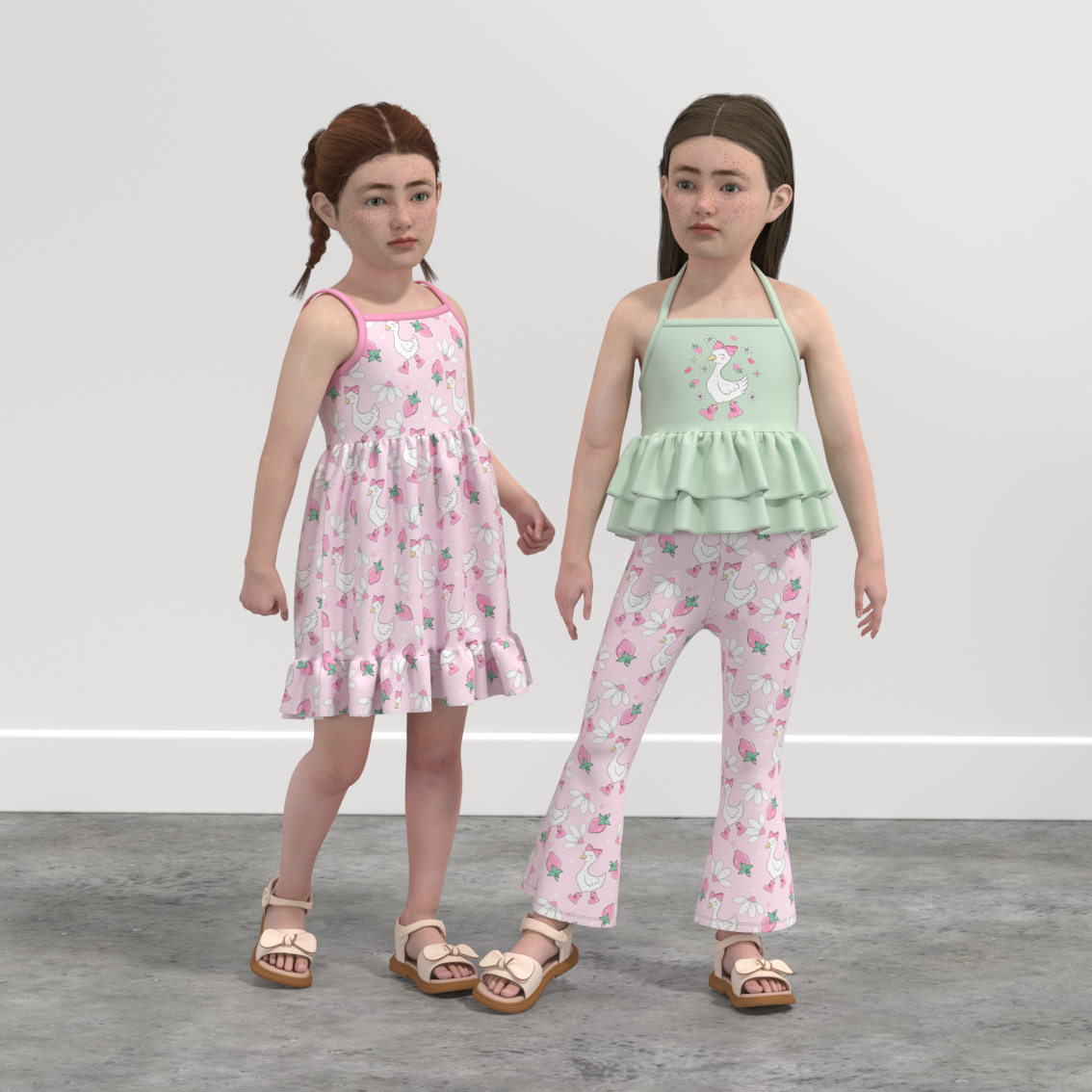 （Pre Order）Girls Spring and Summer Print Halterneck Top Bell Pants Set