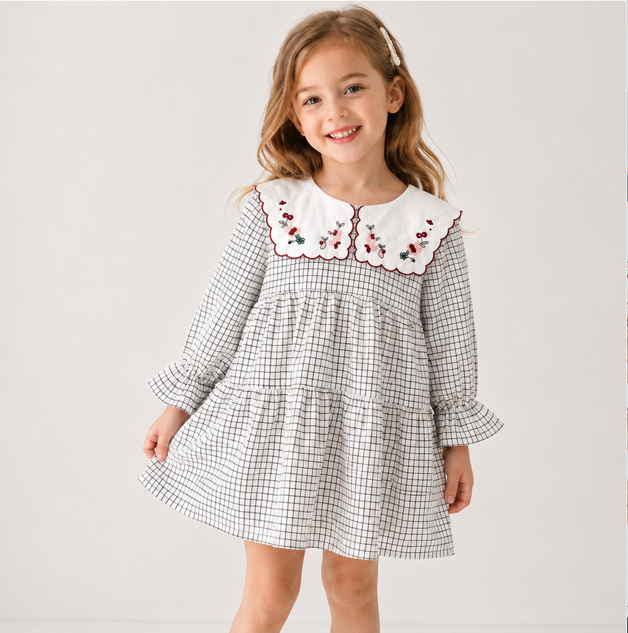 （In Production）Girls Fall Floral Embroidery Scallop Collar Dress