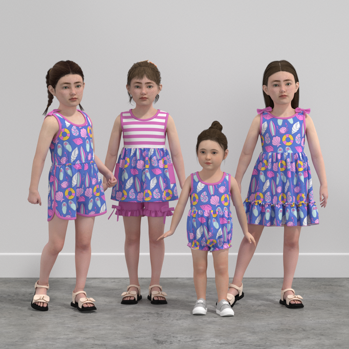 （Pre Order）Girls Spring and Summer Sea Shell Print Dress,Set,Jumpsuit＆Romper