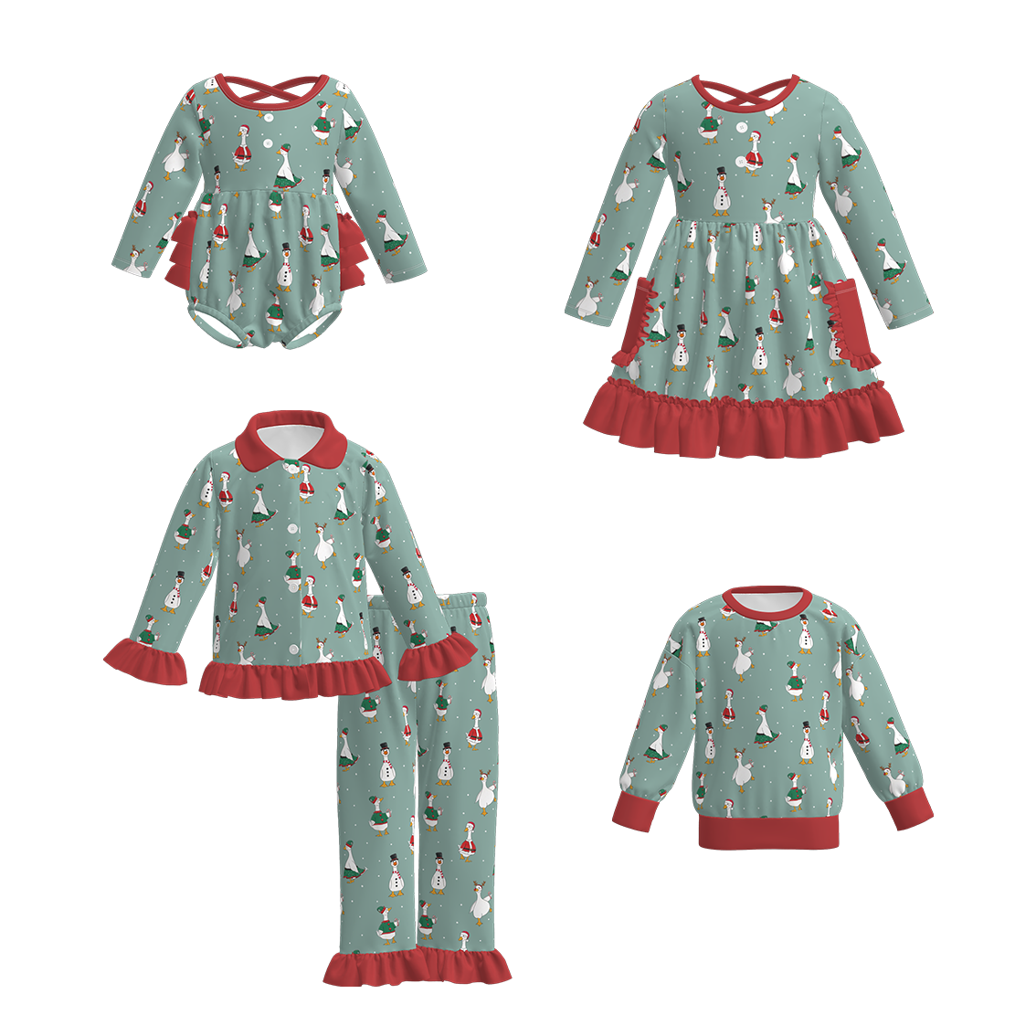 （Pre Order）Family Christmas Goose Print Dress,Set,Romper&Top