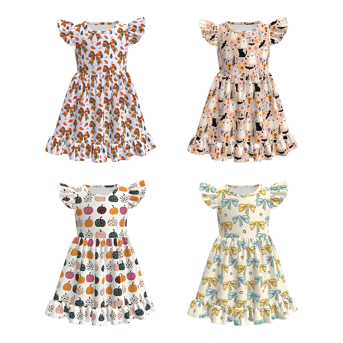 （Pre Order）Girls Fall Bow&Pumpkin Print Flying Sleeves Dress
