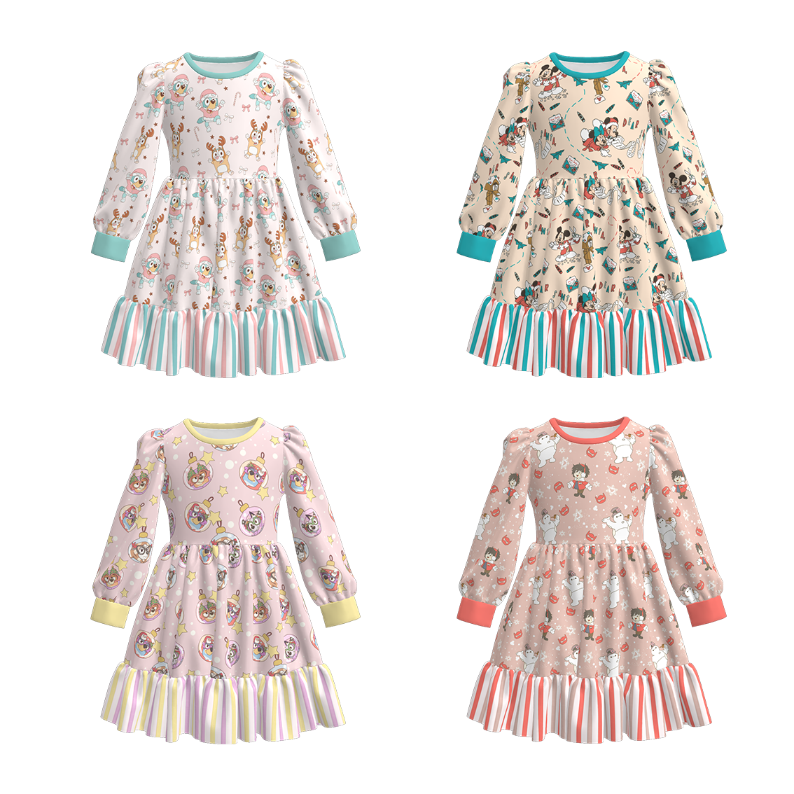（Pre Order）Girls Christmas Cartoon Print Ruffle Dress