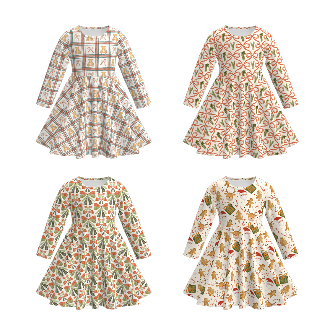 （Pre Order）Girls Christmas Bow Print Long Sleeves Dress