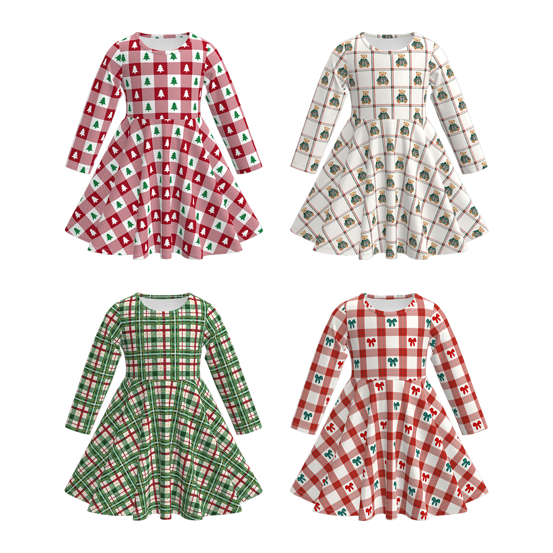 （Pre Order）Girls Christmas Plaid Print Twirl Dress