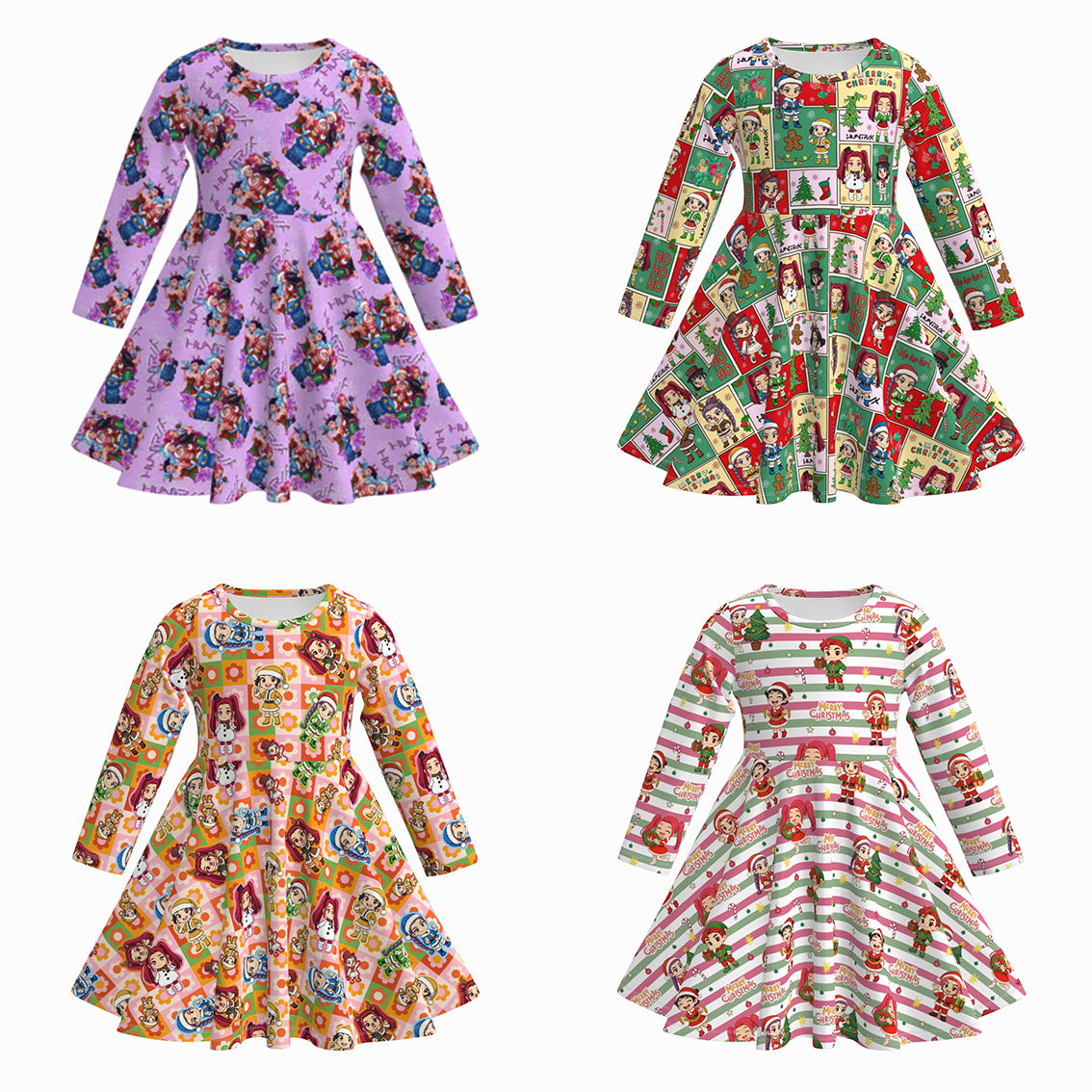 （Pre Order）Girls Christmas Cartoon Print Long Sleeves Dress