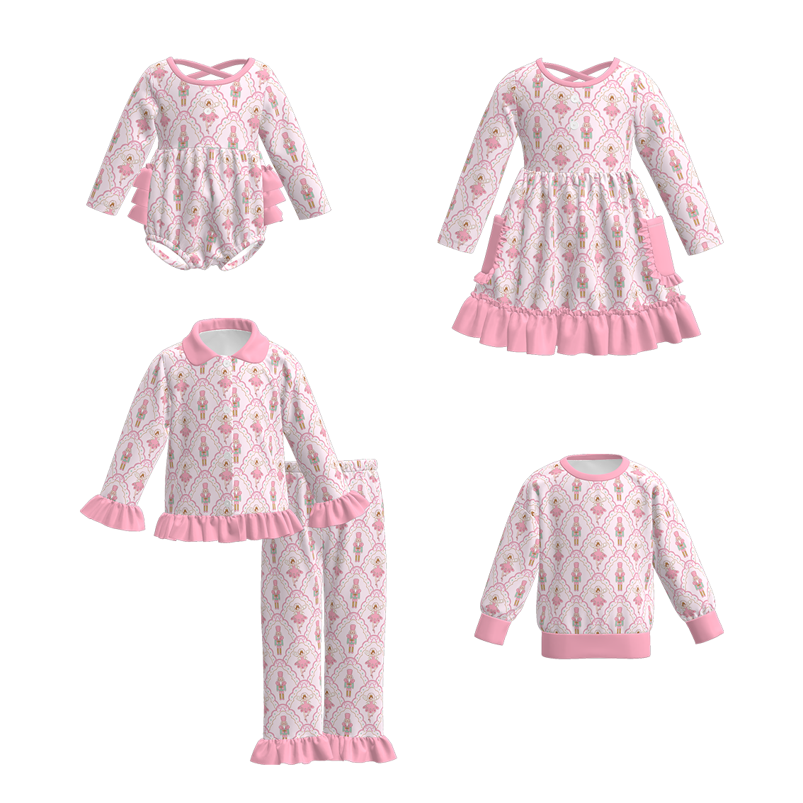 （Pre Order）Family Christmas Pink Nutcracker Print Dress,Set,Romper&Top