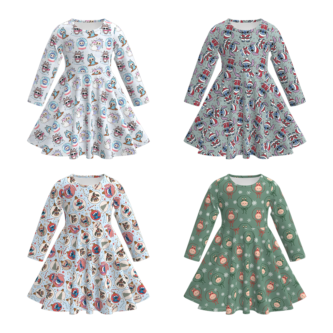 （Pre Order）Girls Christmas Cartoon Print Twirl Dress