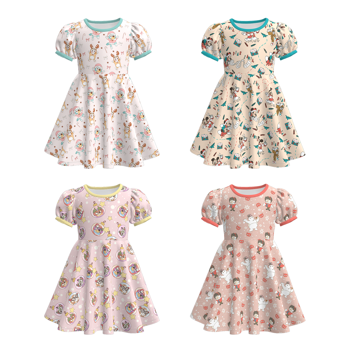 （Pre Order）Girls Christmas Cartoon Print Puff Sleeves Dress