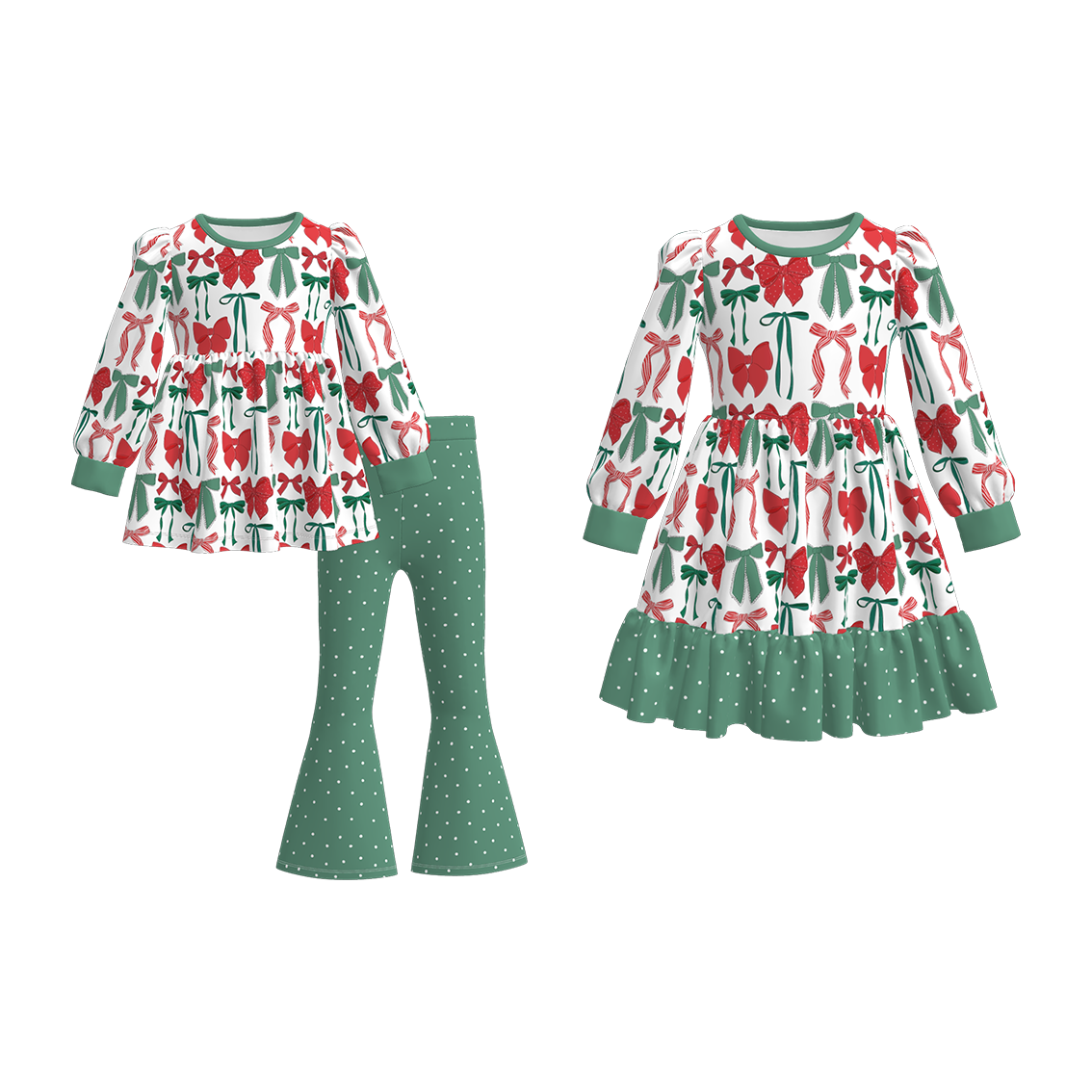 （Pre Order）Girls Christmas Bow Print Dress&Set