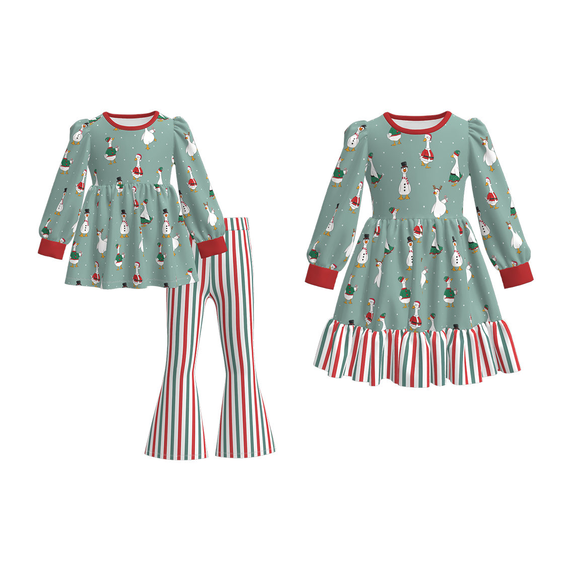 （Pre Order）Girls Christmas Goose Print Dress&Set