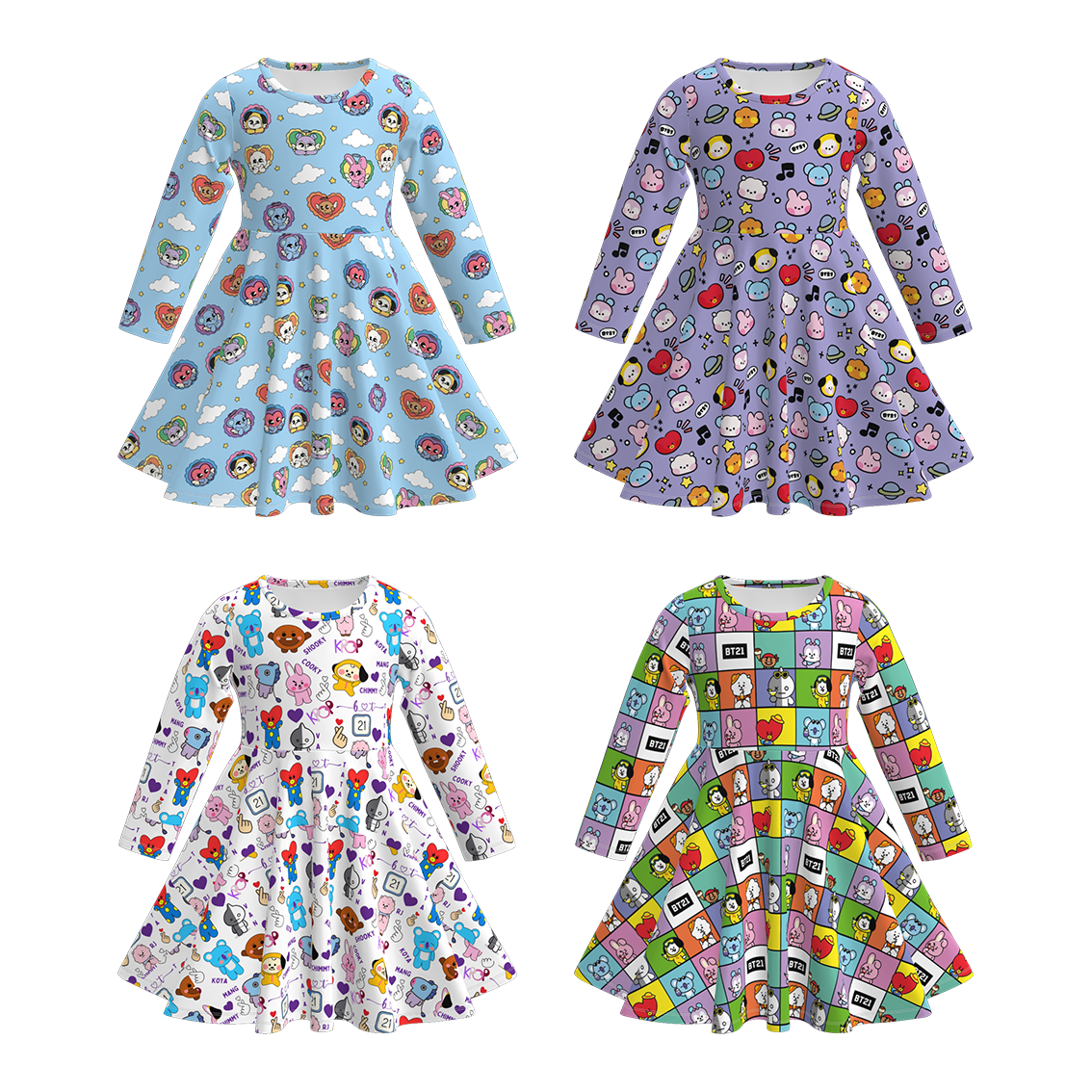 （Pre Order）Girls Fall Cartoon Print Long Sleeves Dress