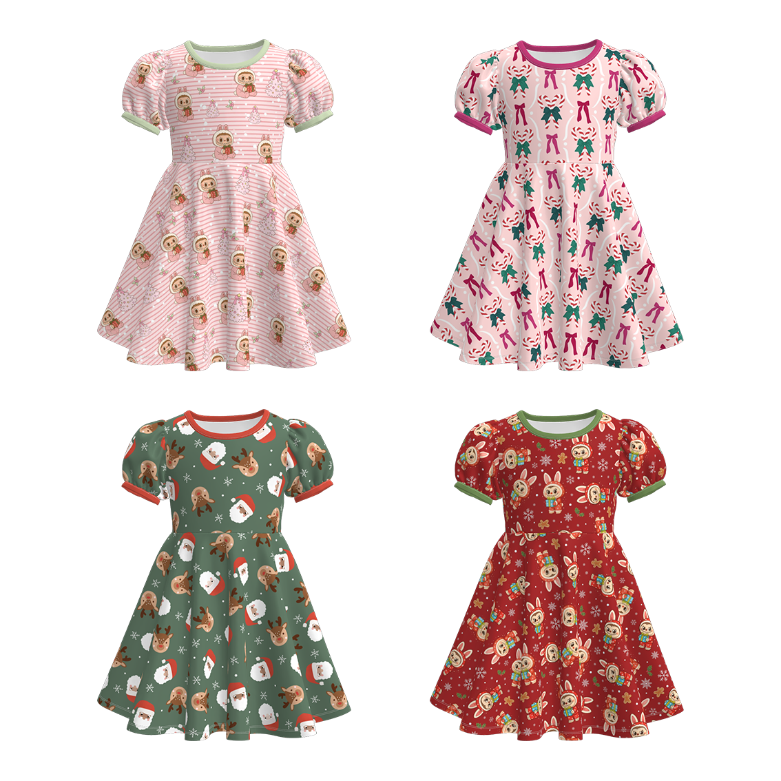 （Pre Order）Girls Christmas LBB Print Puff Sleeves Dress