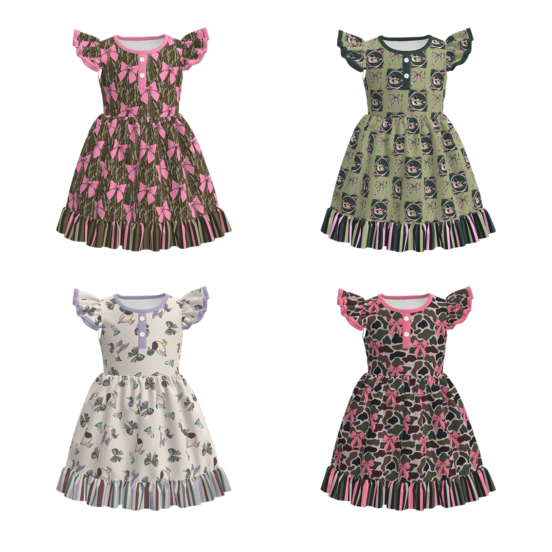 （Pre Order）Girls Fall Bow Print Flying Sleeves Dress