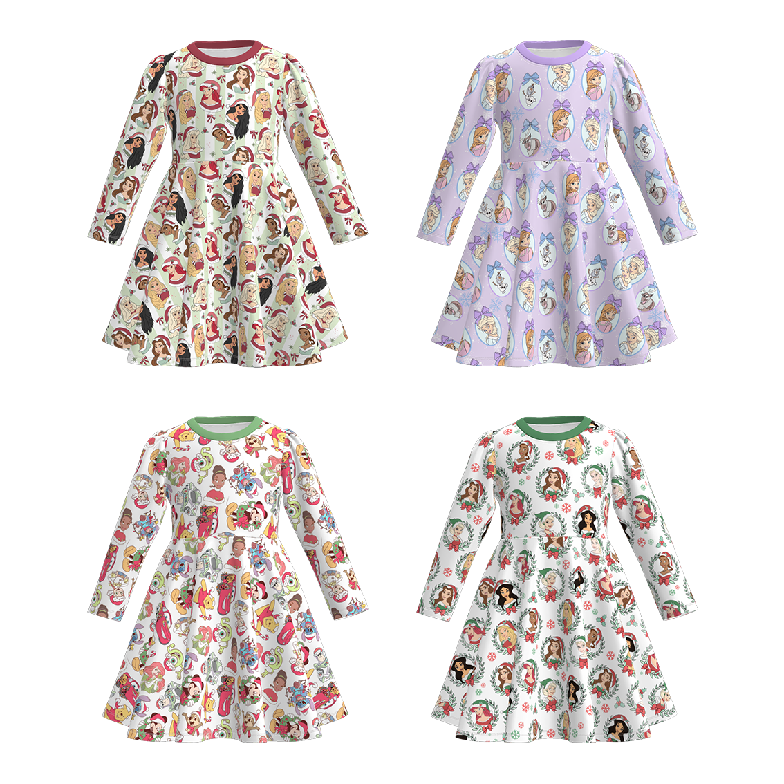 （Pre Order）Girls Christmas Princess Print Long Sleeves Dress
