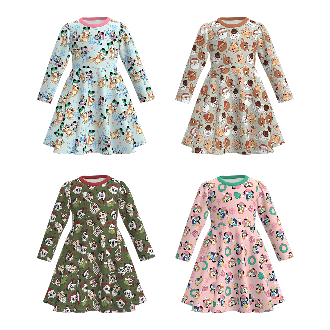 （Pre Order）Girls Christmas Blue Dog Print Long Sleeves Dress