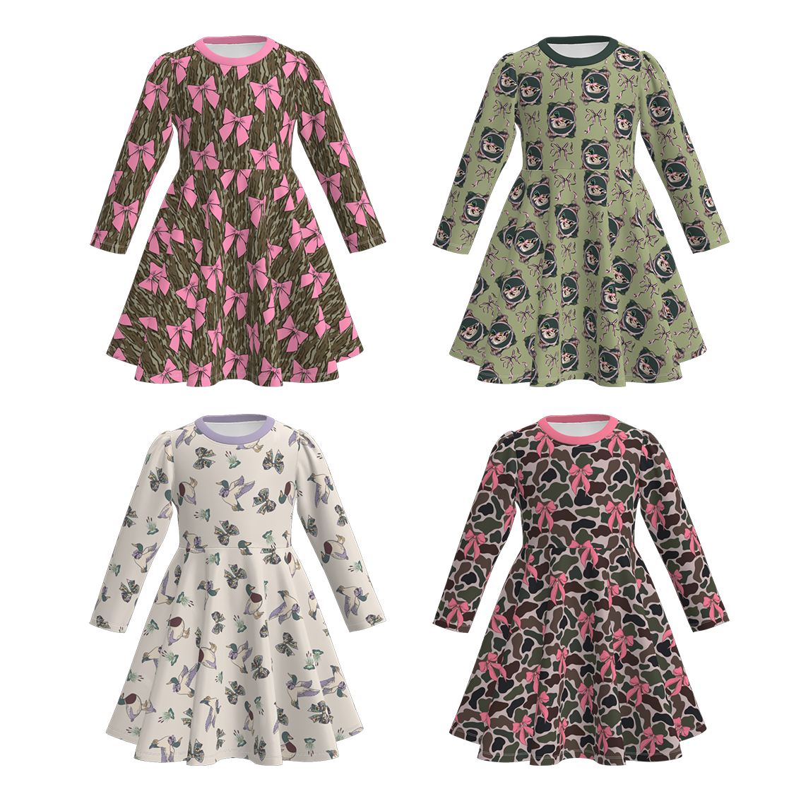 （Pre Order）Girls Fall Bow Print Long Sleeves Dress
