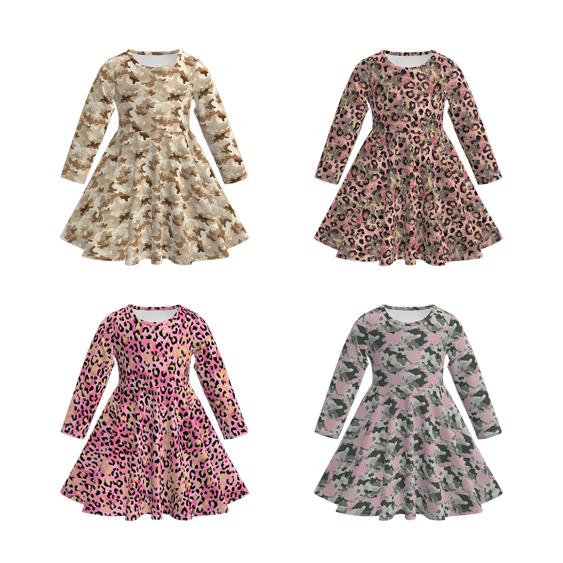 （Pre Order）Girls Fall Leopard Print Long Sleeves Dress