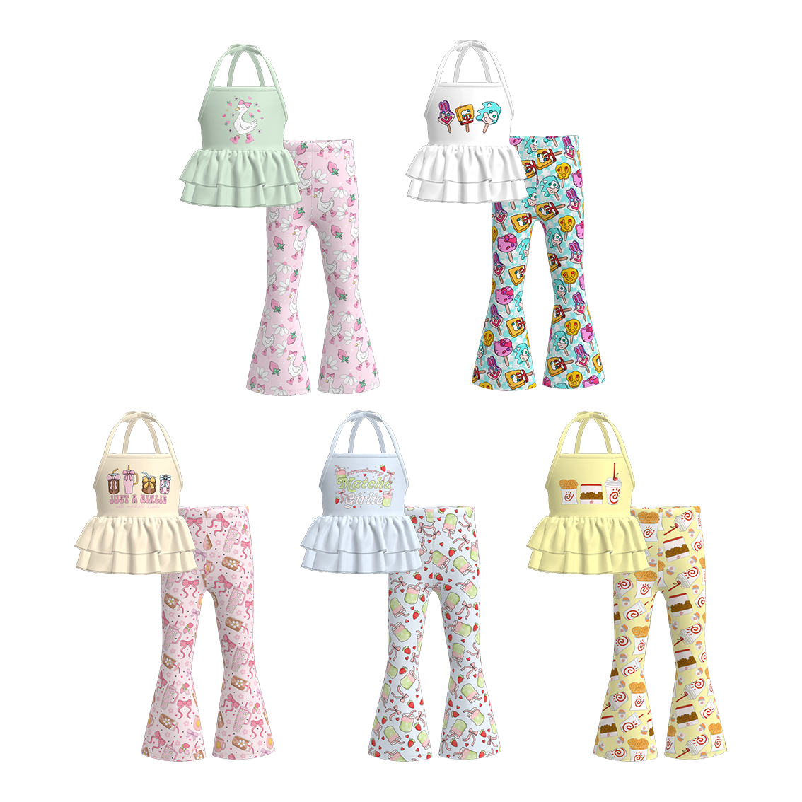 （Pre Order）Girls Spring and Summer Print Halterneck Top Bell Pants Set