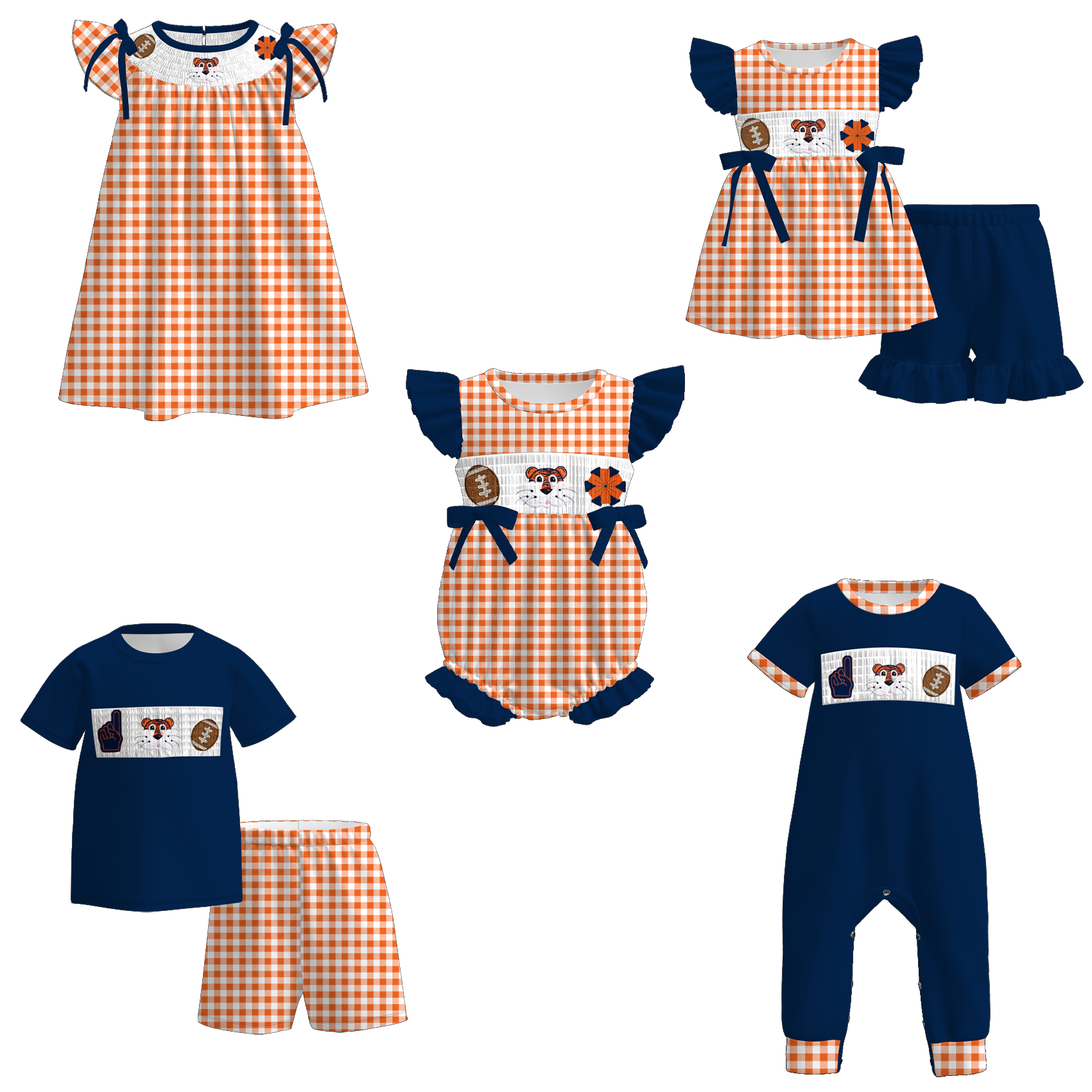 （Pre Order）Family Football Auburn Tigers Embroidery Smocked Dress,Set&Romper