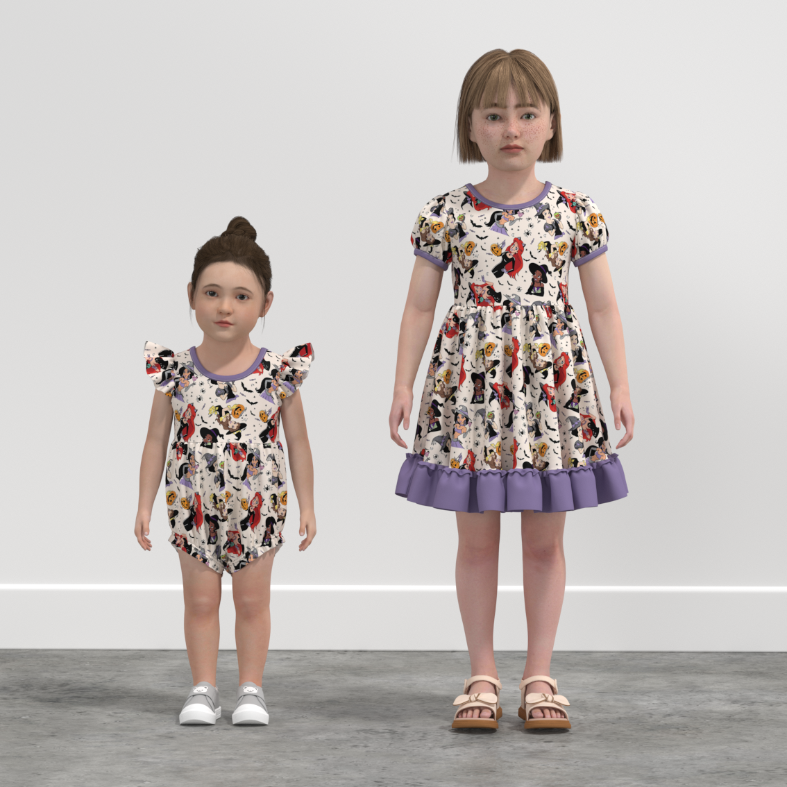 （Pre Order）Sisters Halloween Cartoon Print Dress＆Romper