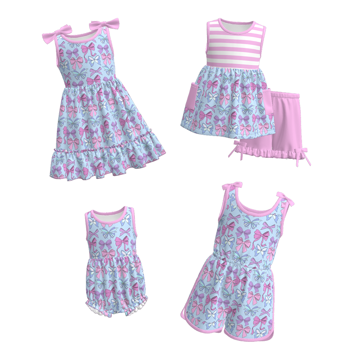 (Pre Order)Girls Spring and Summer Bow Print Dress,Set,Jumpsuit&Romper