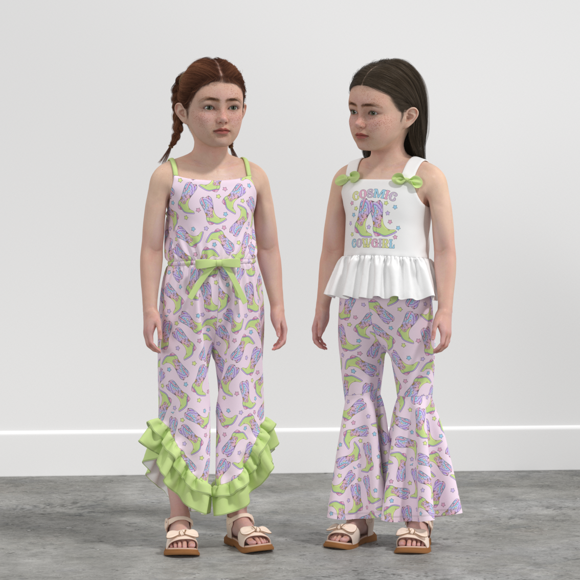 （Pre Order）Girls Spring and Summer Cow Girl Print Jumpsuit