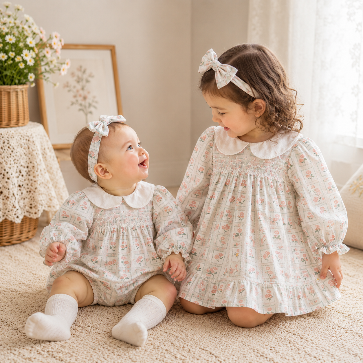 （In Production）Sisters Baby Collar Floral Print Dress&Romper