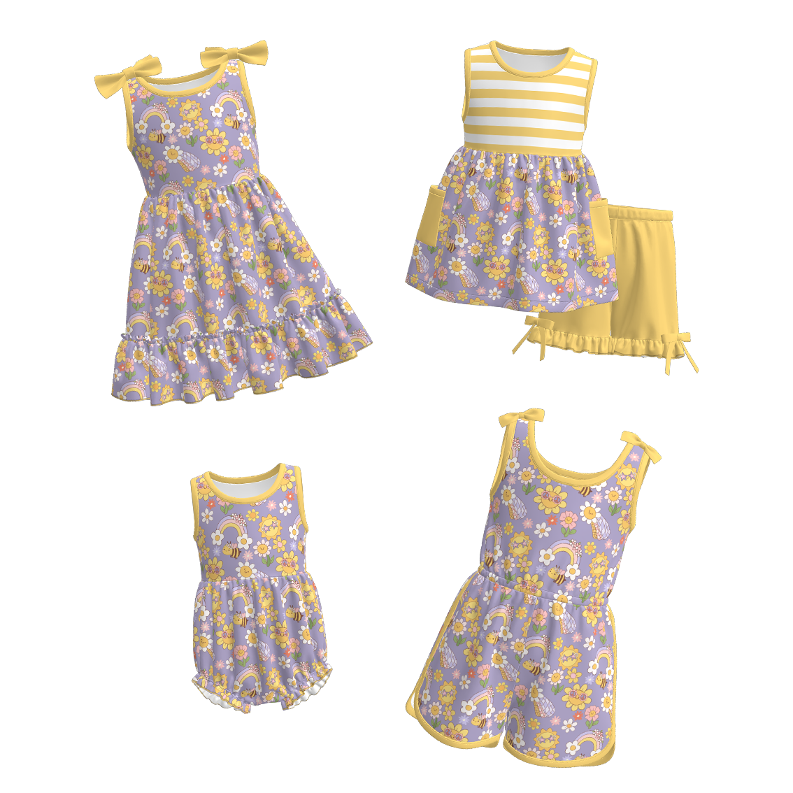 （Pre Order）Girls Spring and Summer Sunflower Print Dress,Set,Jumpsuit＆Romper