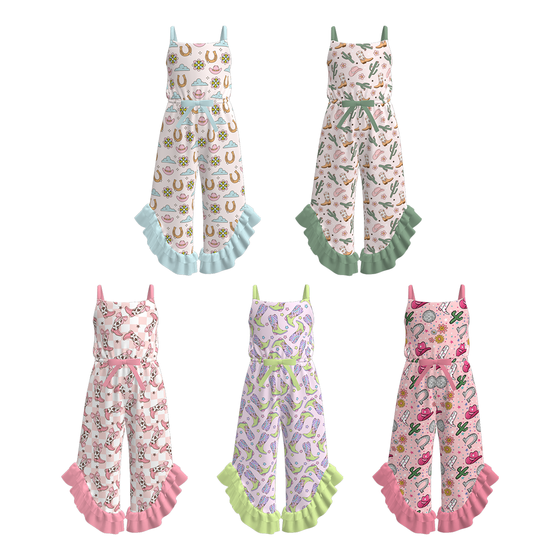 （Pre Order）Girls Spring and Summer Cow Girl Print Jumpsuit