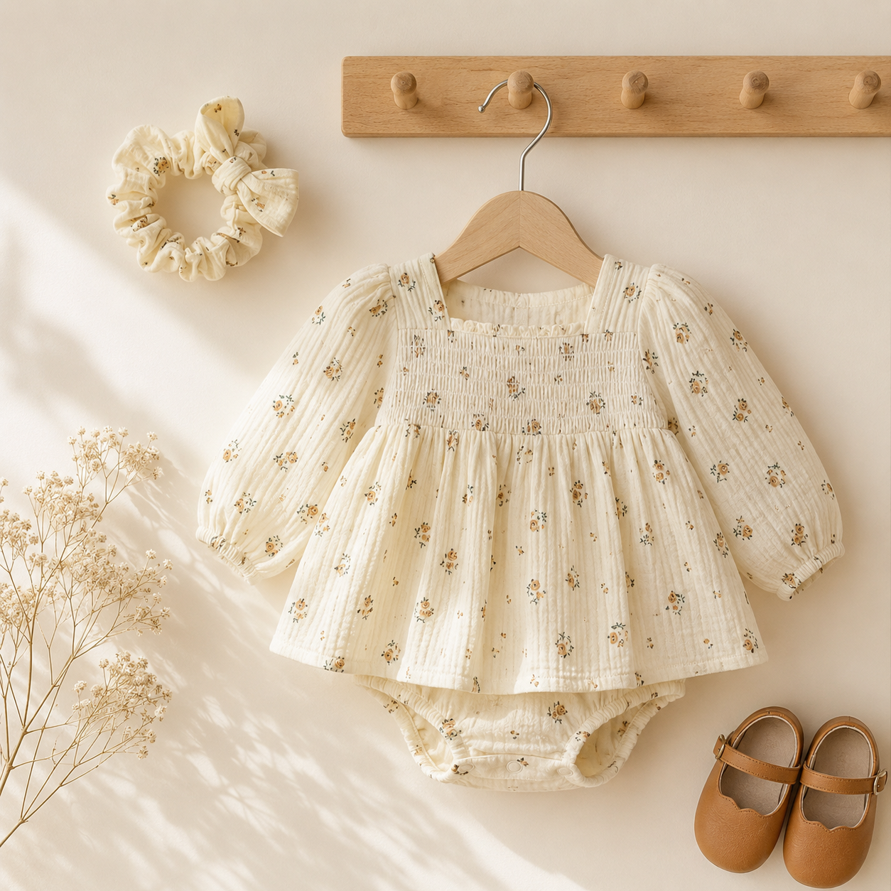（In Production）Girls Fall Floral Print Smocked Romper