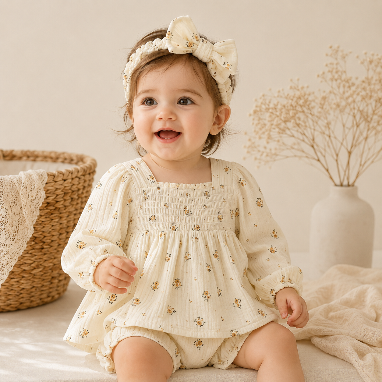 （In Production）Girls Fall Floral Print Smocked Romper