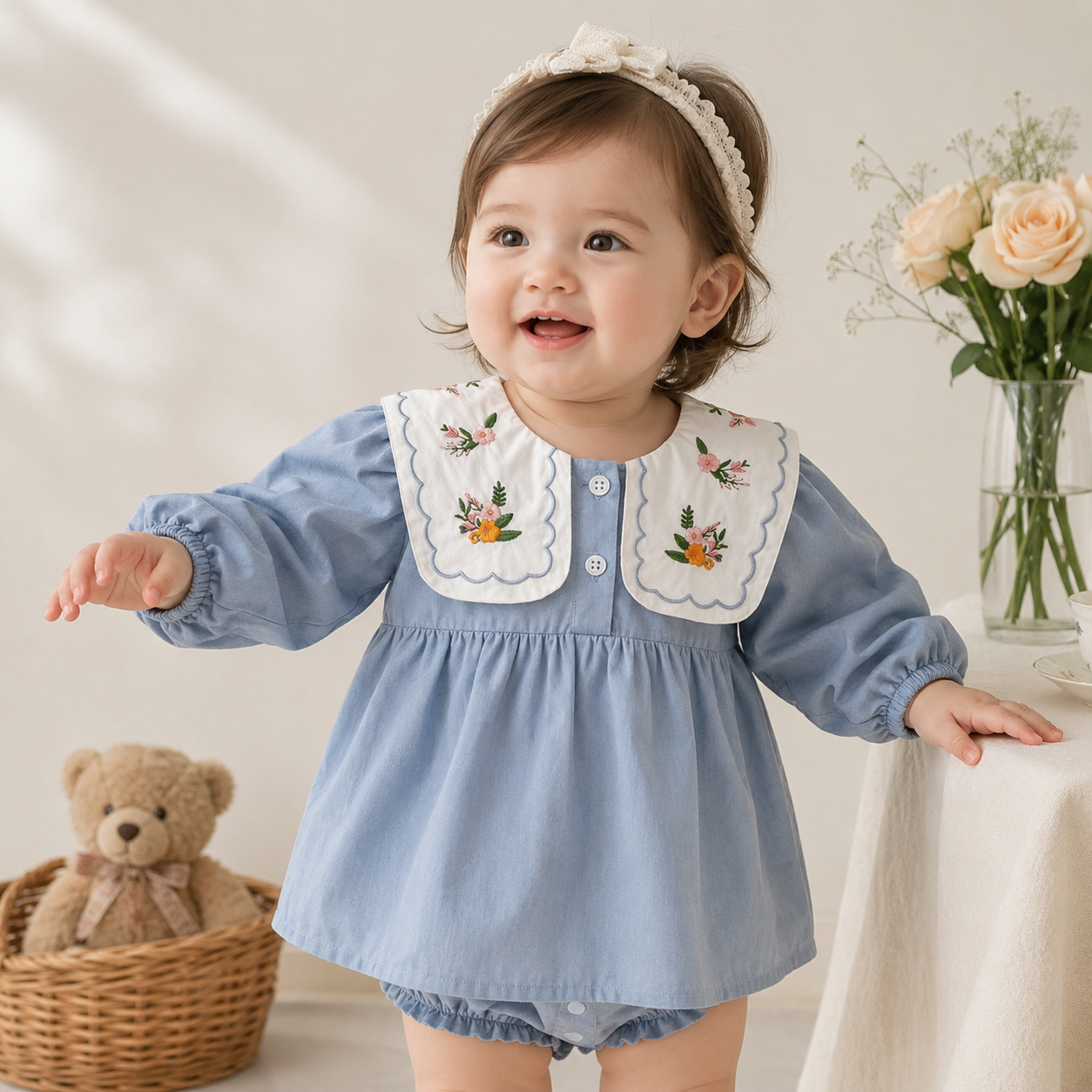 （In Production）Girls Fall Floral Embroidery Romper
