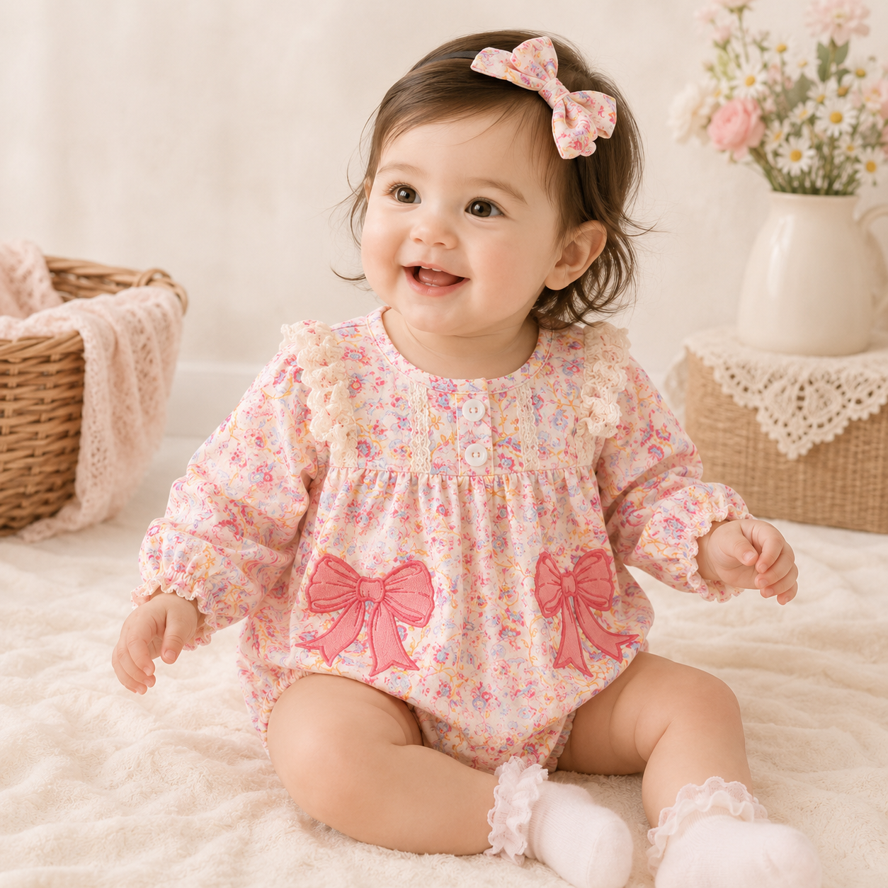 （In Stock）Toddler Girls Fall Bow Applique Romper