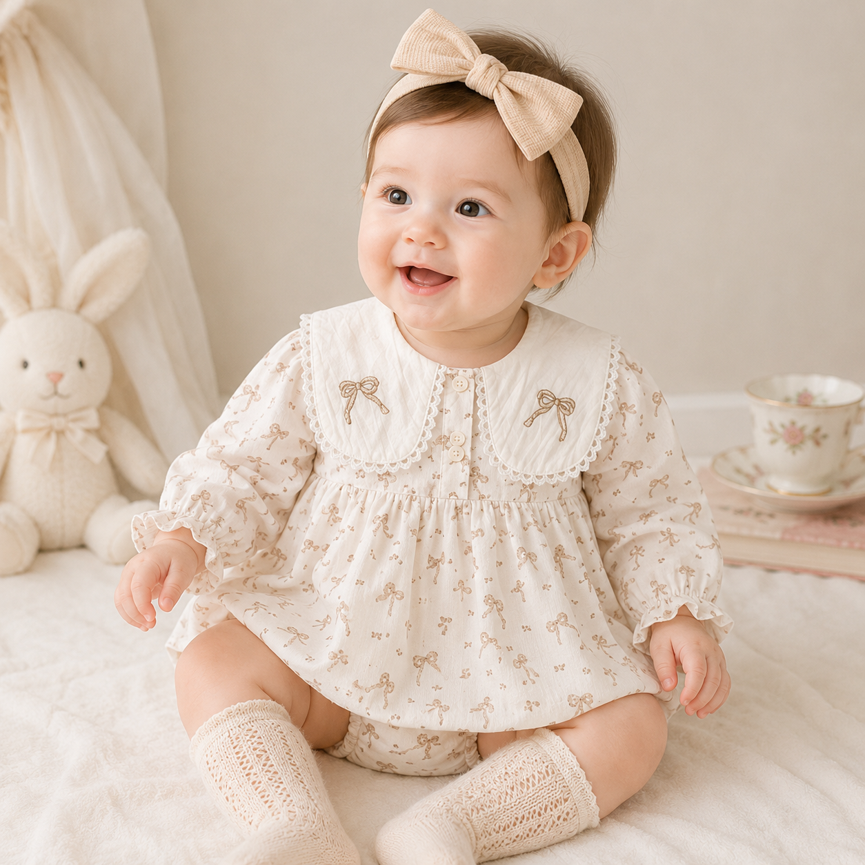 （In Production）Girls Fall Bow Embroidery Baby Collar Romper