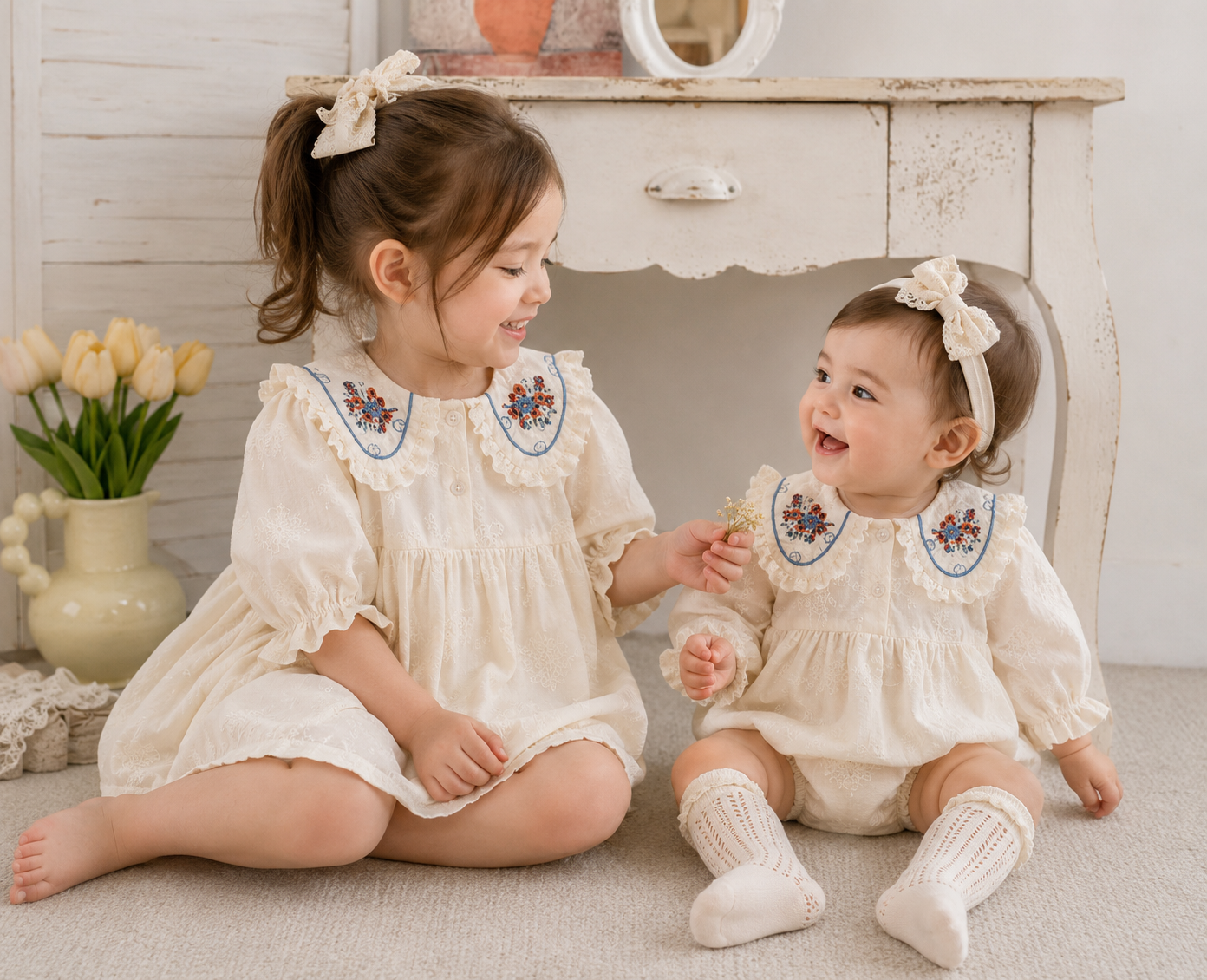 （In Production）Sisters Fall Floral Embroidery Lace Ruffle Dress&Romper