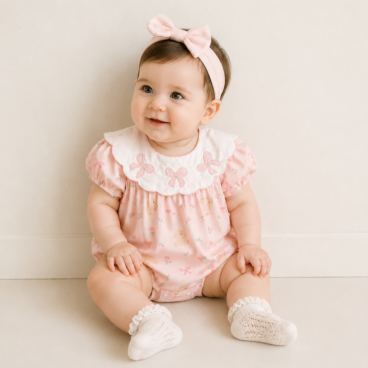 （In Production）Girls Fall Bow Applique Scallop Romper