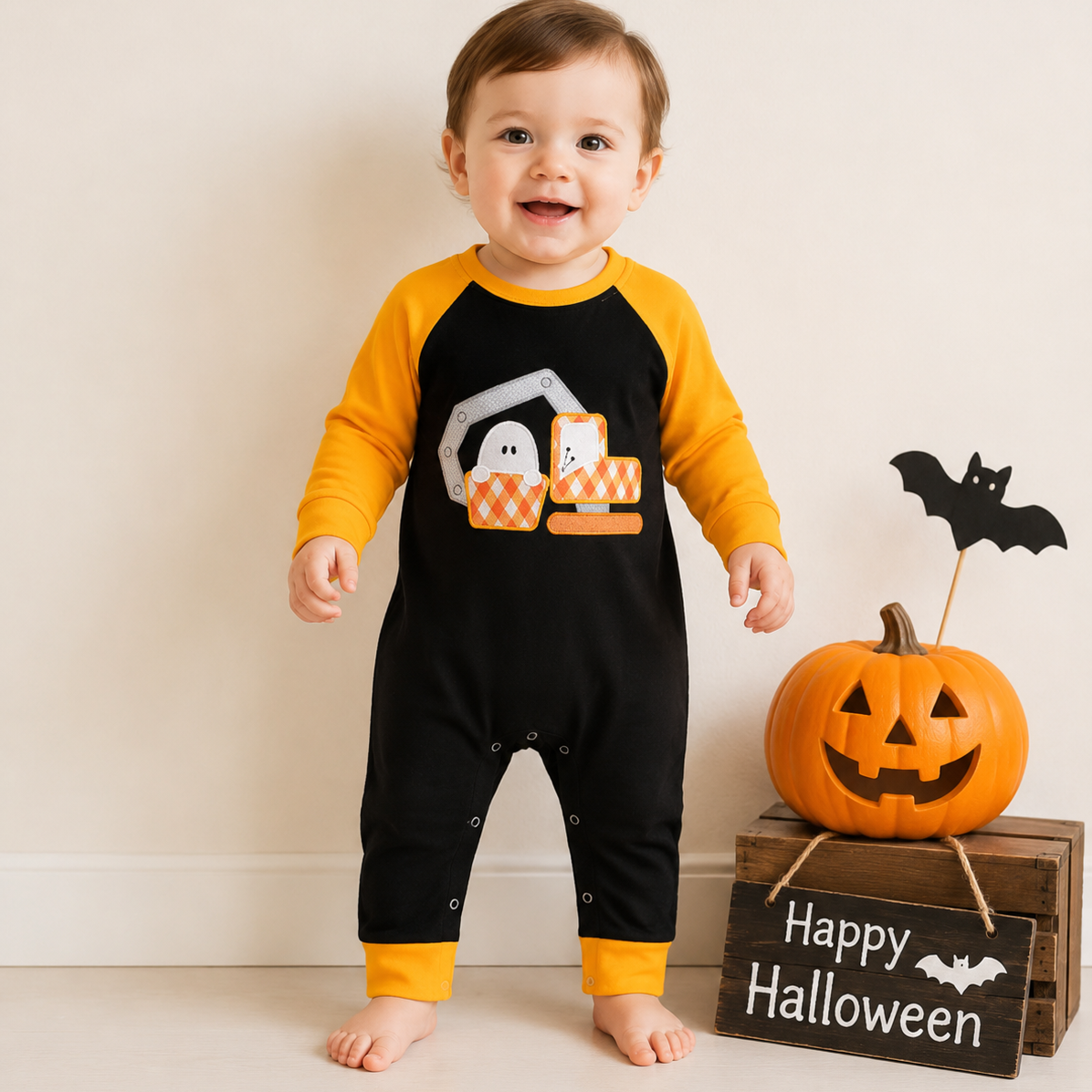 （In Stock）Toddler Boys Halloween Applique Cotton Romper