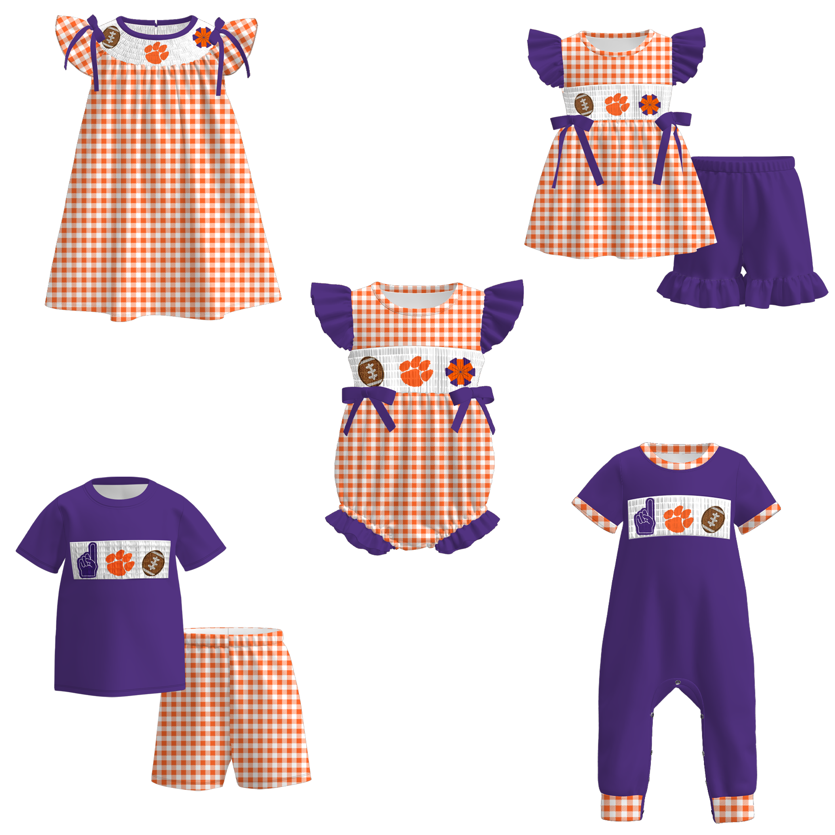 （Pre Order）Family Football Clemson Embroidery Smocked Dress,Set&Romper