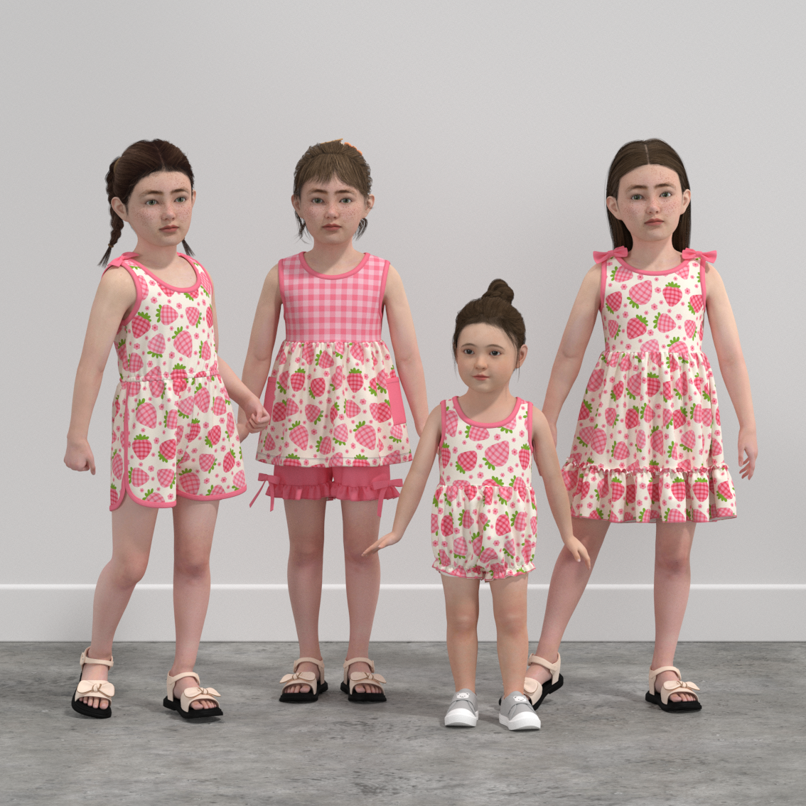 （Pre Order）Girls Spring and Summer Strawberry Print Dress,Set,Jumpsuit＆Romper