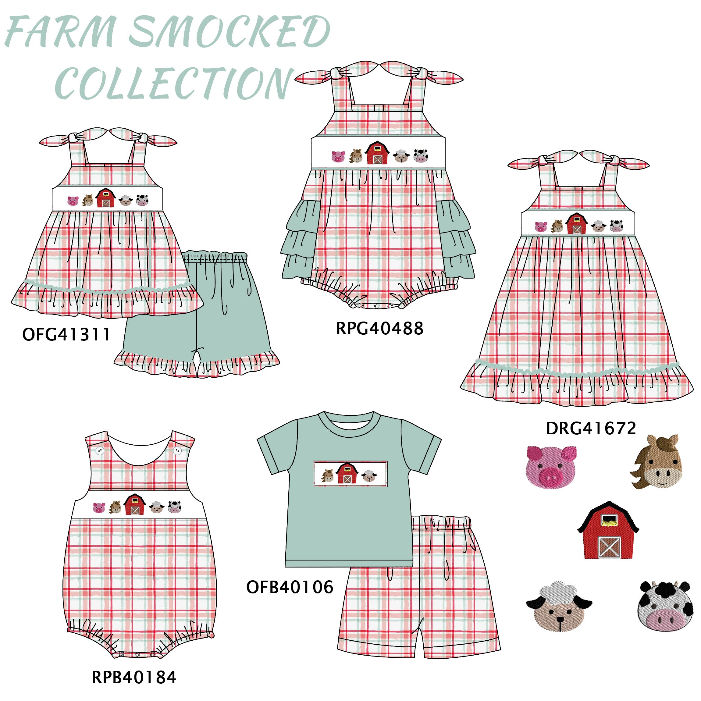 (Pre Order) Summer Farm Smocked Embroided Sibling Ensemble Collection