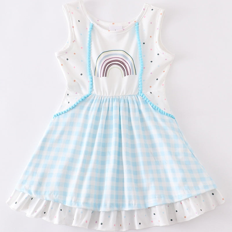（In Stock）Blue White Plaid Rainbow Dot Dress