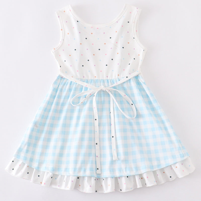 （In Stock）Blue White Plaid Rainbow Dot Dress