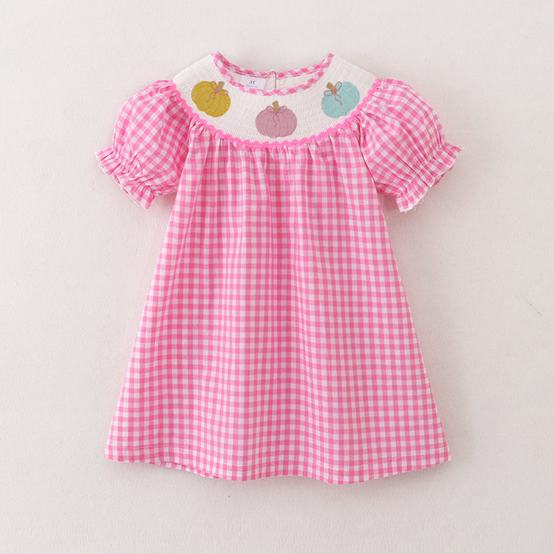 （Pre Order）Girls Pink Plaid Halloween Embroidery Smocked Dress