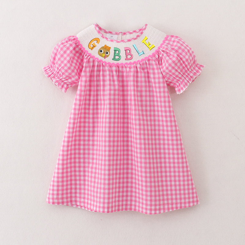 （Pre Order）Girls Pink Plaid Thanksgiving Embroidery Smocked Dress