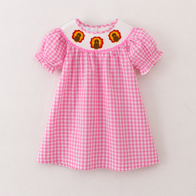 （Pre Order）Girls Pink Plaid Thanksgiving Embroidery Smocked Dress
