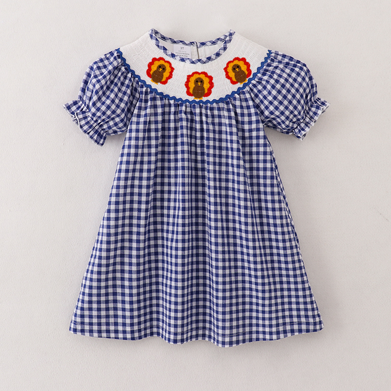 （Pre Order）Girls Blue Plaid Thanksgiving Embroidery Smocked Dress