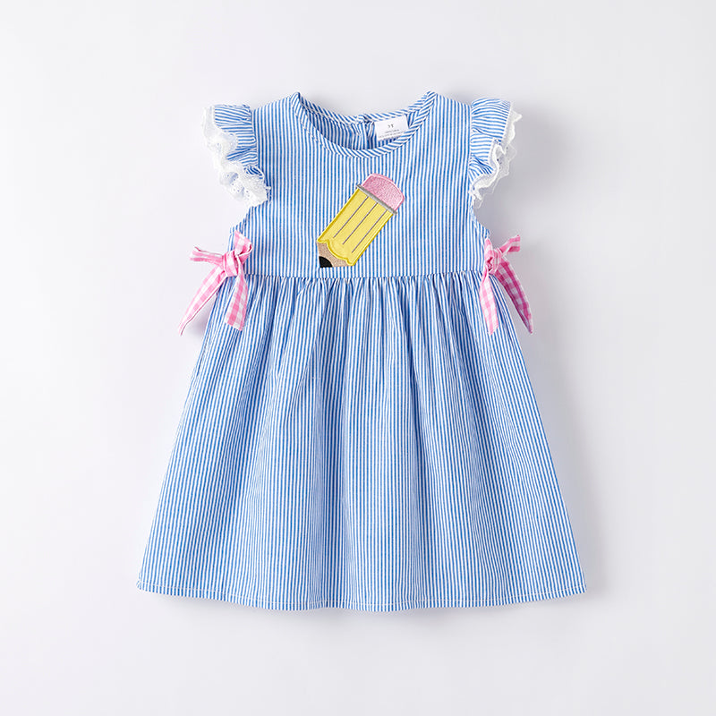 （In Stock）Girls Summer Back To School Pencil Applique Cotton Dress