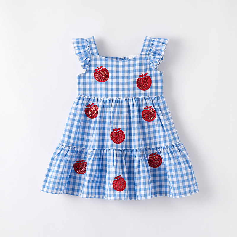 （In Stock）Girls Summer Back To School Apple Sequin Cotton Dress