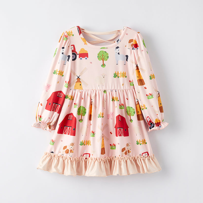（In Stock）Girls Fall Farm Print Dress